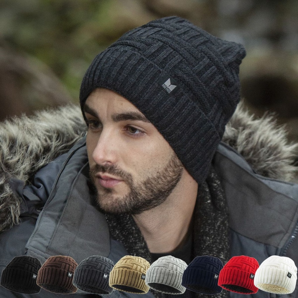 Thick Basket Weave Knit Beanie Sherpa Fleece Lined